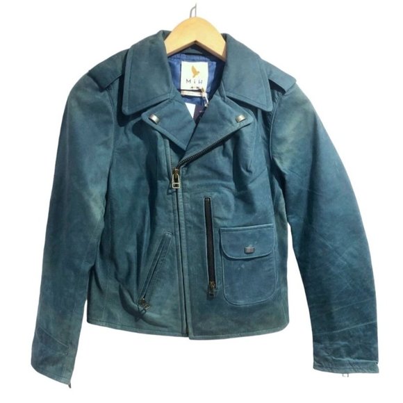 MiH Leather Moto Jacket Teal Size Small Womens Blue Green Zipper Pocket Punk - Picture 2 of 5